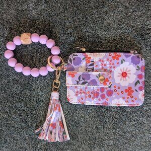 Floral Card & Coin Holder w/ Bracelet | Purple Silicone Bead Keychain + Tassel